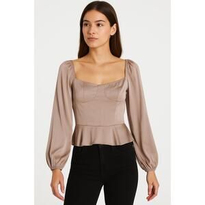 ASTR The Label Blouse Womens Small Taupe Peplum Long Sleeves Square Neckline